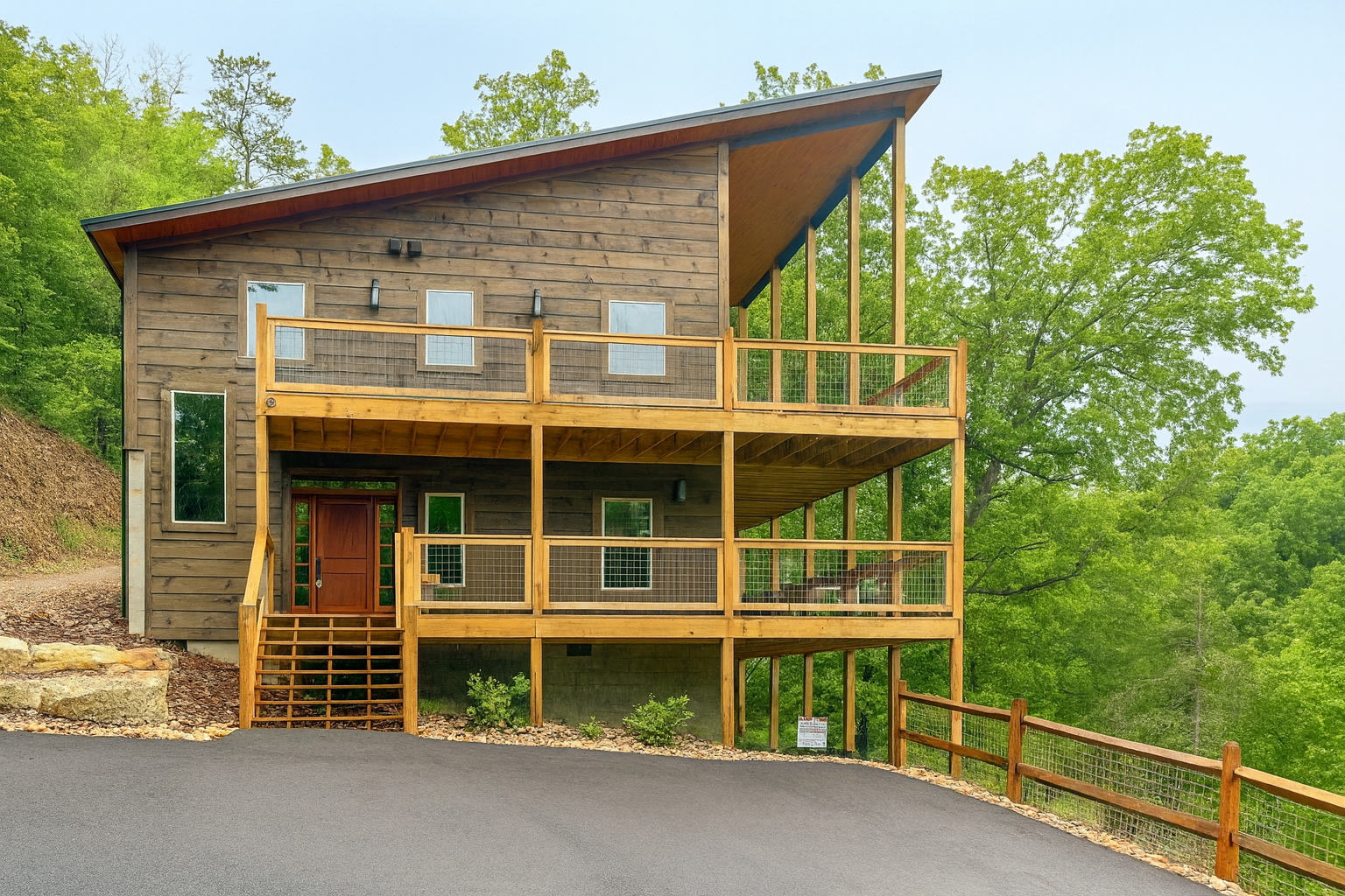 Multi level modern cabin exterior in the Smoky Mountains of Tennessee
