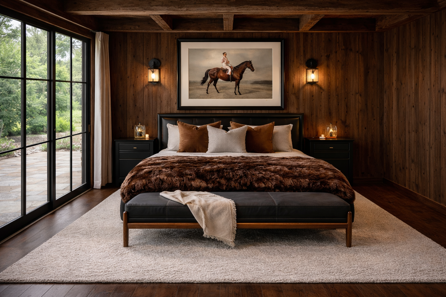 Warm, refined mountain bedroom retreat with custom furnishings and layered textures designed by GSM Agency.