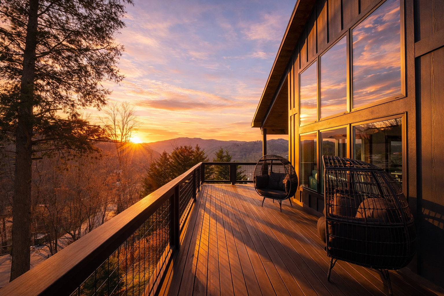Cabin balcony in Gatlinburg overlooking the Smoky Mountains at sunset
