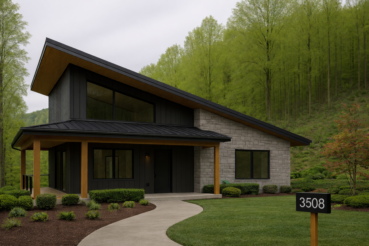 Modern new construction cabin design concept with black siding, stone accents, and clean rooflines set against a wooded Smoky Mountain landscape.