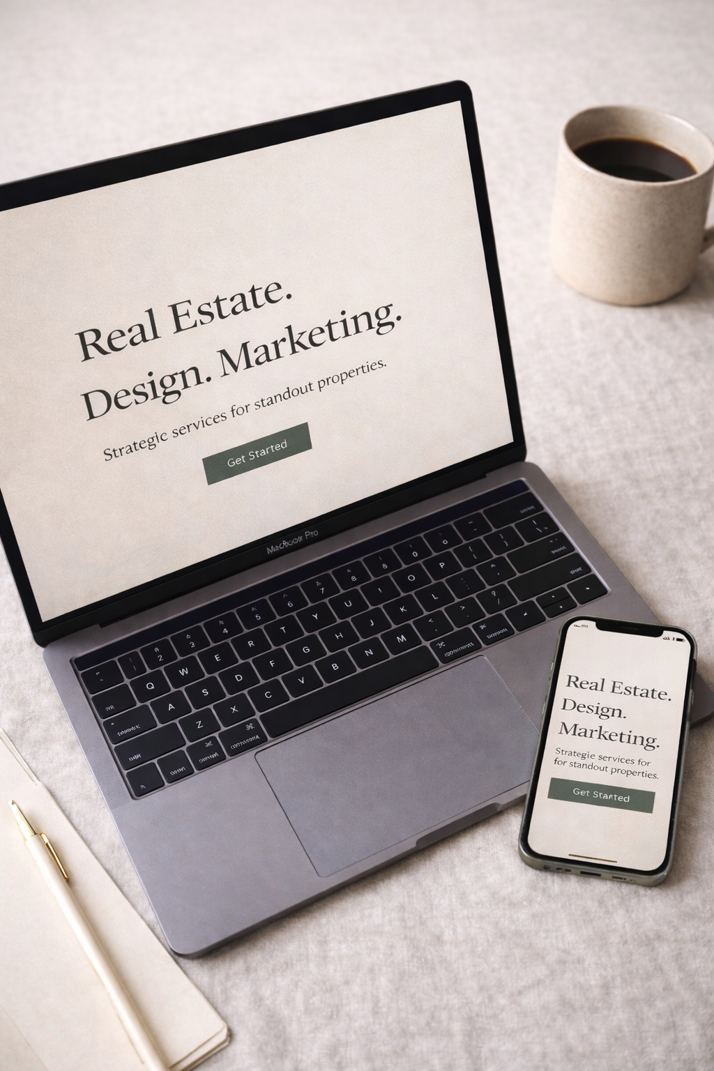 Real estate website design displayed on laptop and smartphone