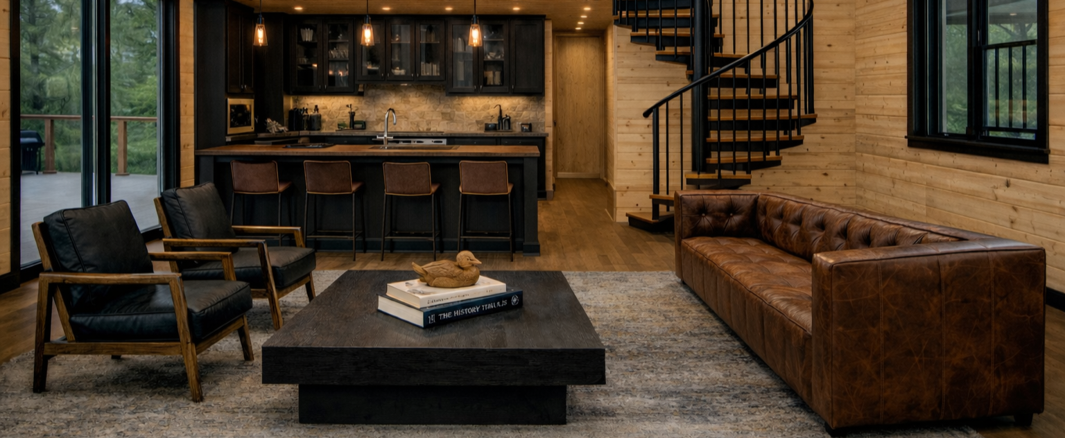 Open concept living room and kitchen in modern Smoky Mountain cabin located in Sevierville Tennessee