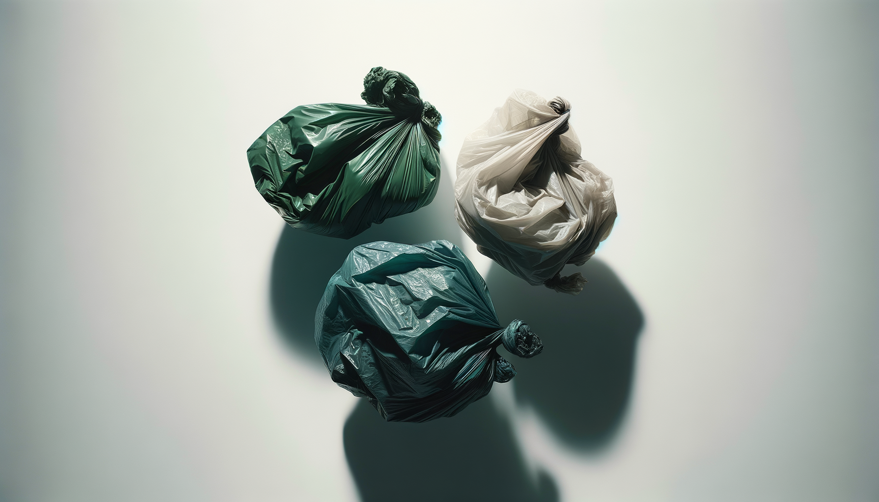 Three crumpled plastic trash bags, two green and one white, arranged on a plain surface with shadows cast behind them.