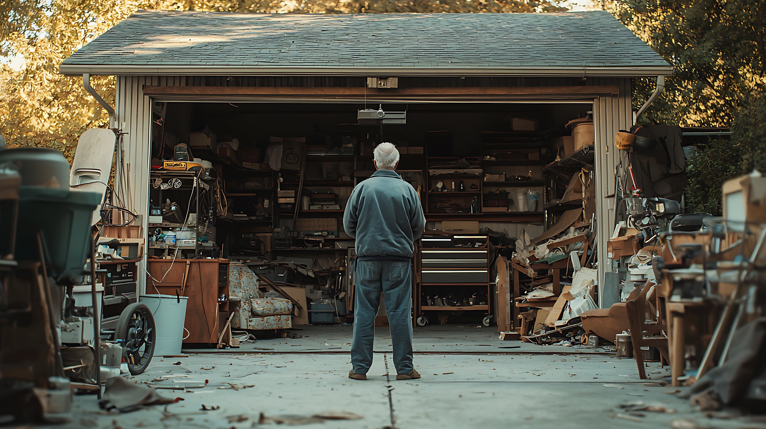 An elderly man stands with his back to the camera, observing his cluttered garage filled with various tools, furniture, and belongings. The garage door is open, revealing trees outside during fall.