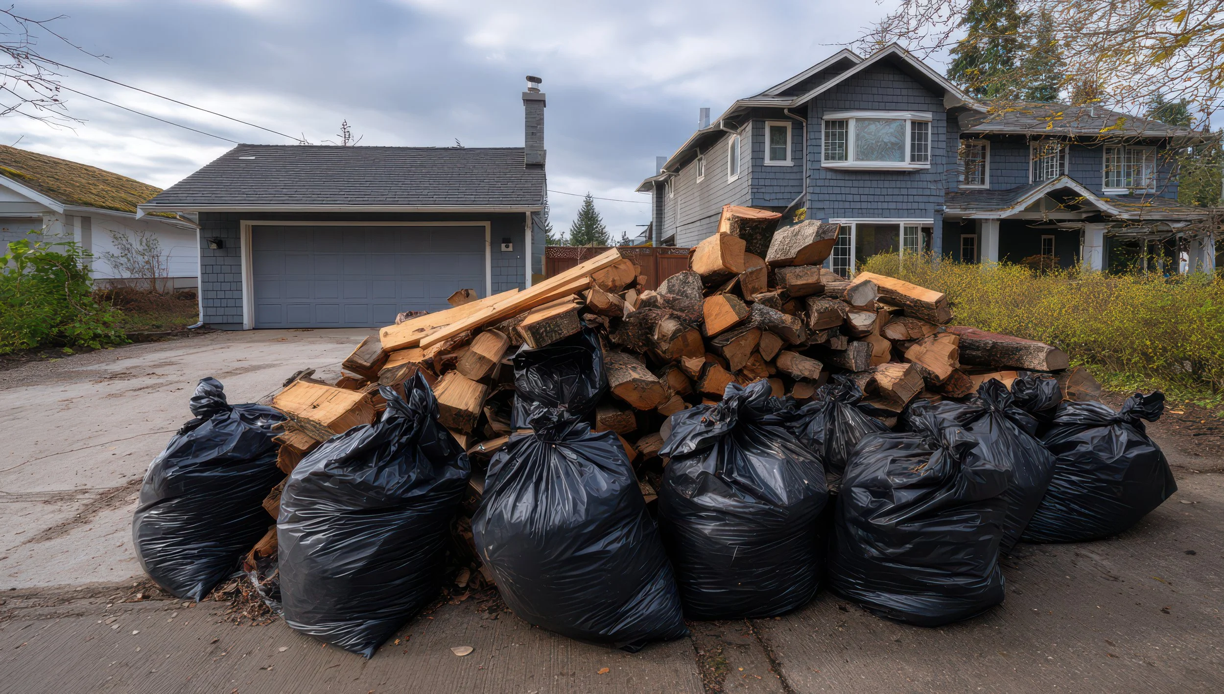 A pile of firewood with black garbage bags at the front of a residential driveway in front of a blue house.