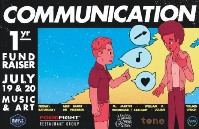 poster for communication madison's 1 year anniversary fundraiser