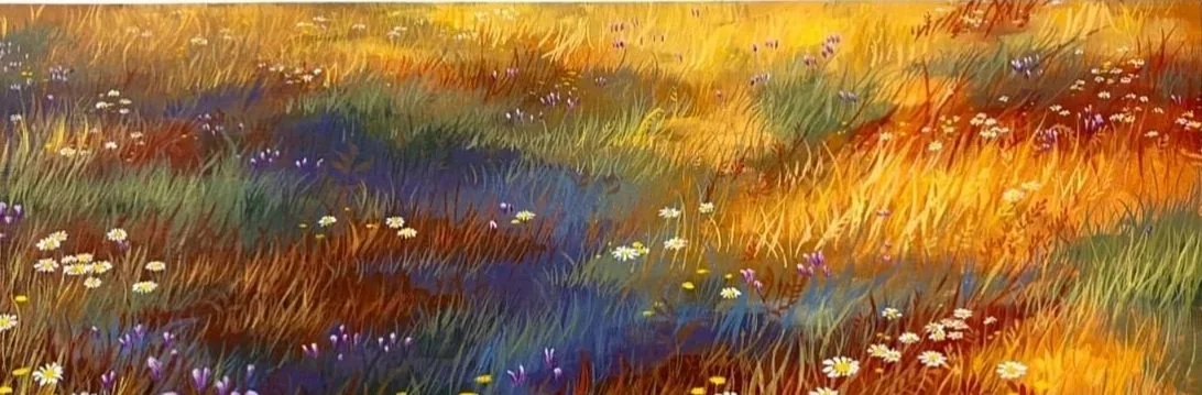 Sunset Grasslands, 8x24 in, acrylic on wood panel, 2025