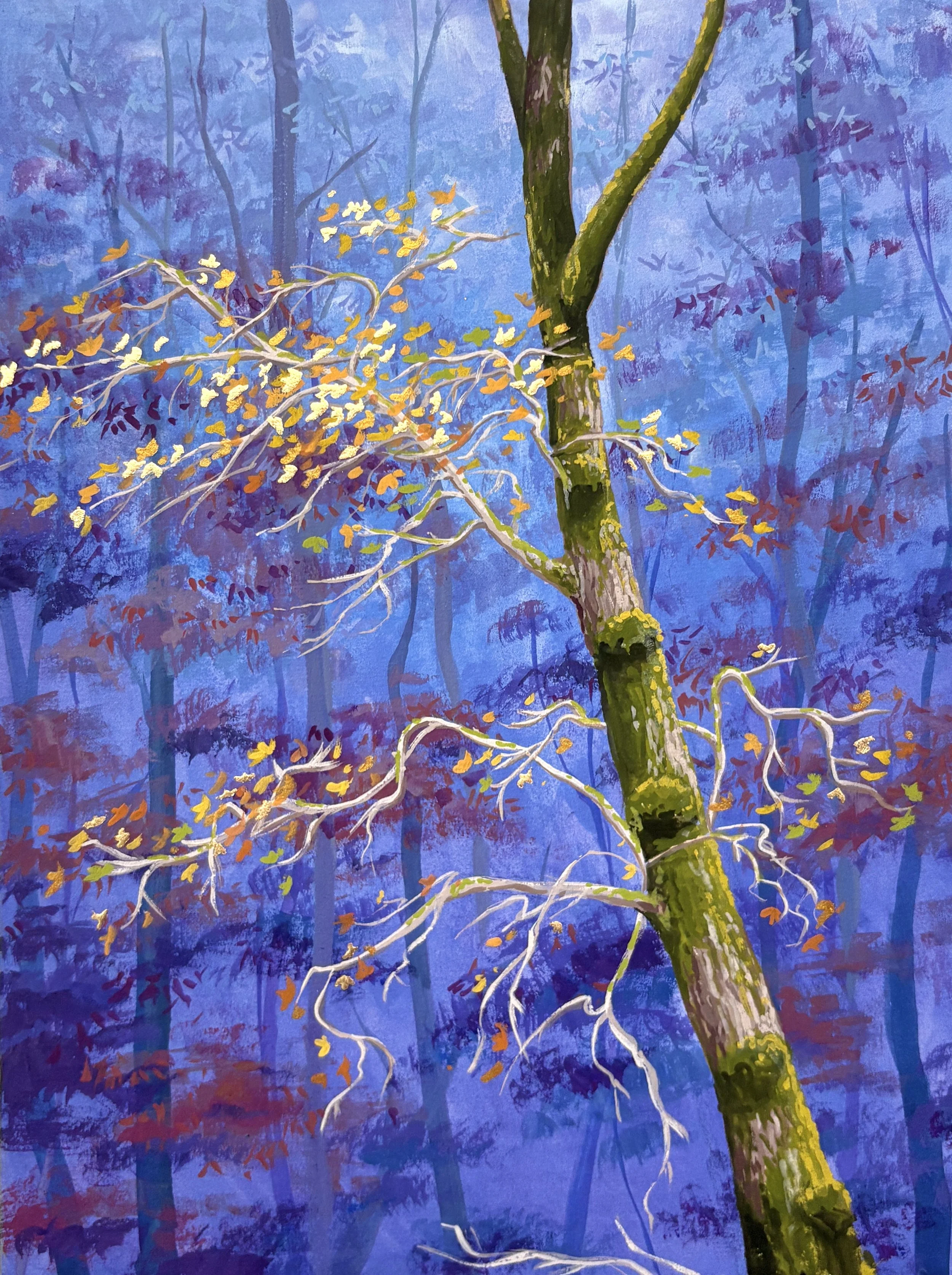 Purple Mist, 9x12 in, acrylic gouache and gold leaf on paper board, 2025