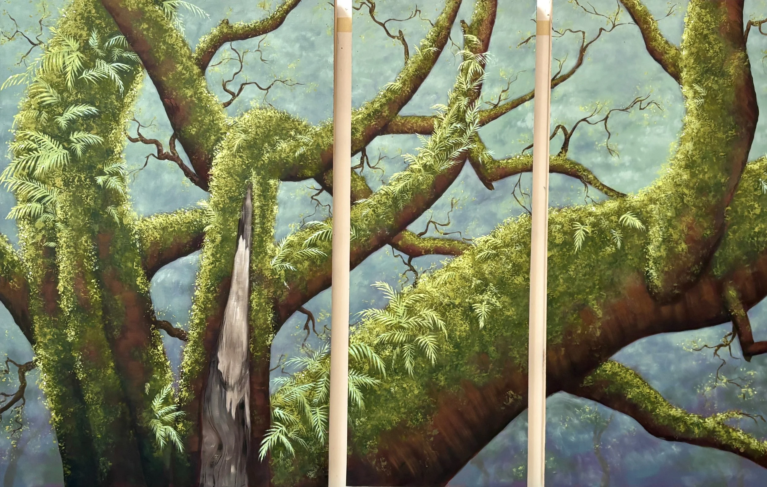 Moss and Fern Triptych, 4x6.5 ft, acrylic on wood panel, 2025