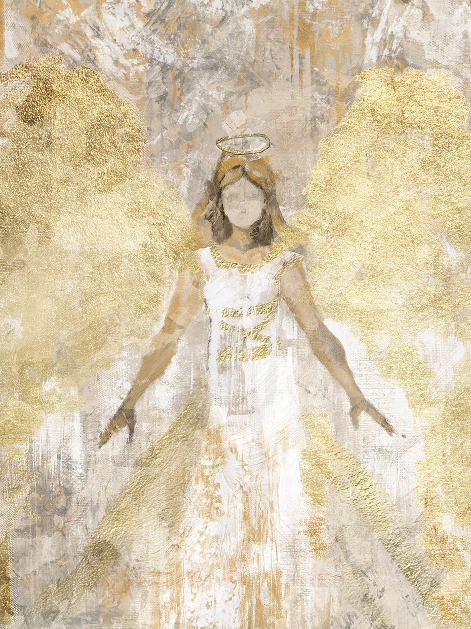 A painting of a blonde angel with a halo, wearing a white dress accented with gold, standing with arms slightly outstretched amid a golden and textured background.