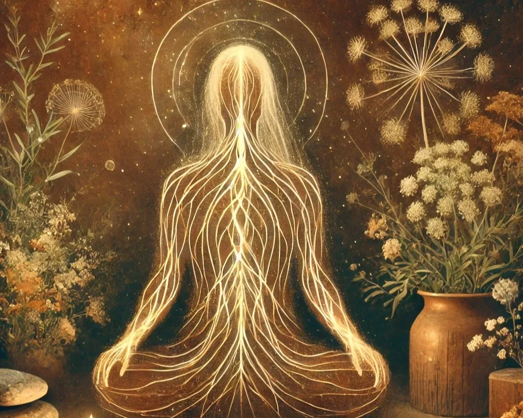Illustration of a person meditating with glowing lines representing energy channels, surrounded by flowers and a starry background.