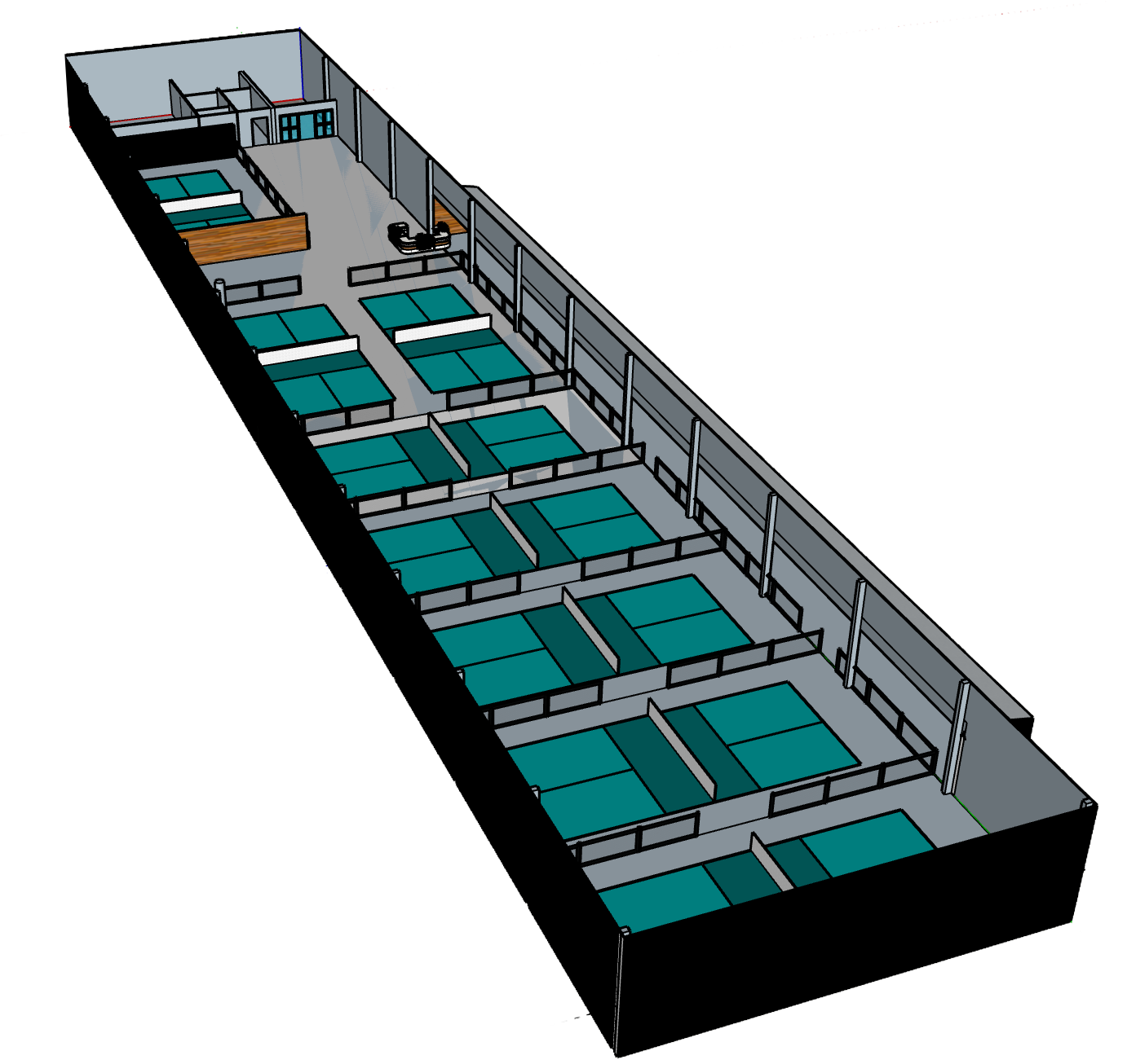 A 3D floor plan of an indoor pickleball court showing multiple courts with fencing, a reception area, and a common room, and furniture.