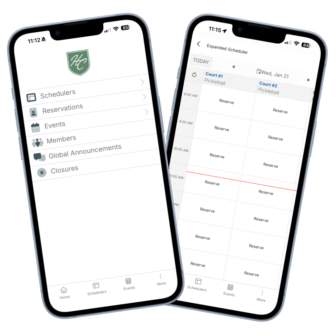 Mobile app screens showing a sports club management app with sections for schedulers, reservations, events, members, global announcements, and closures. The scheduler displays a detailed schedule for pickleball courts on January 21st.