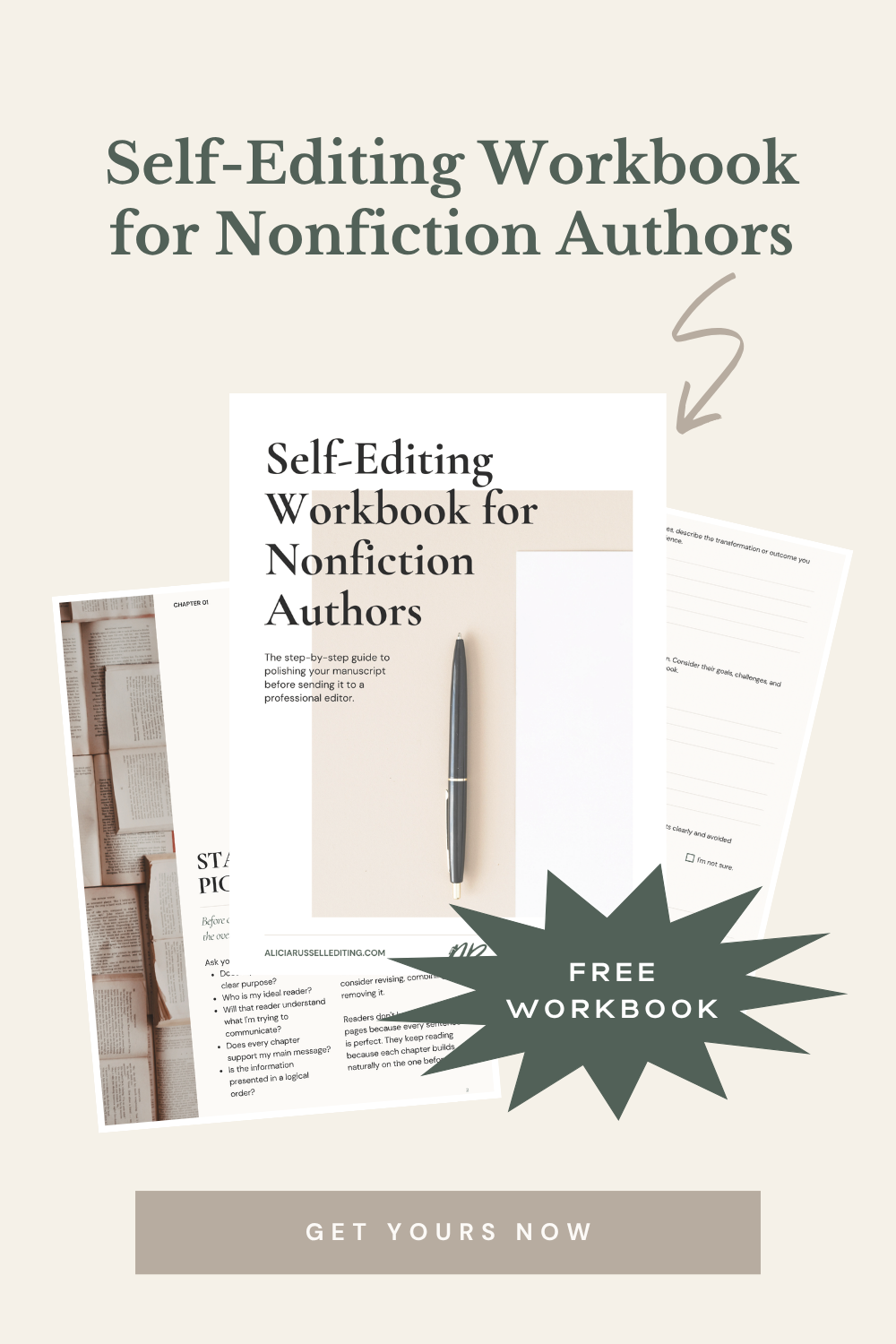 Promotional graphic for a self-editing workbook for nonfiction authors, featuring a workbook mockup, pen, arrow, and “Free Workbook” starburst.