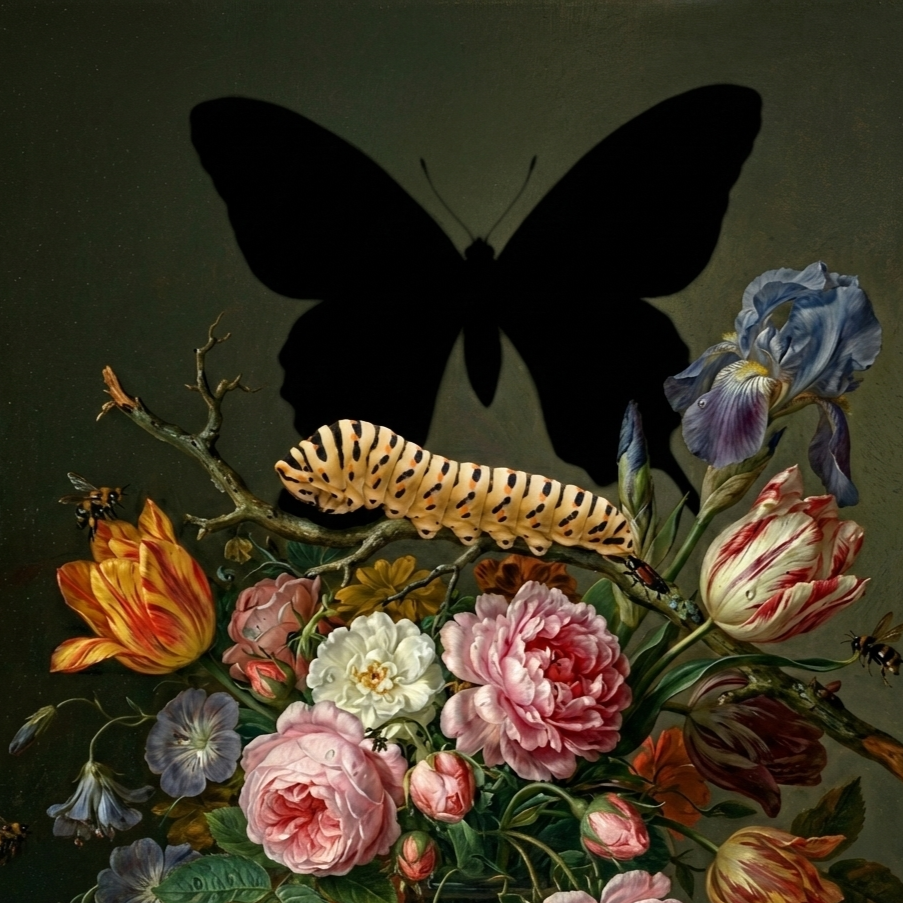 A colorful oil painting of a butterfly, flowers, and a caterpillar on a branch.
