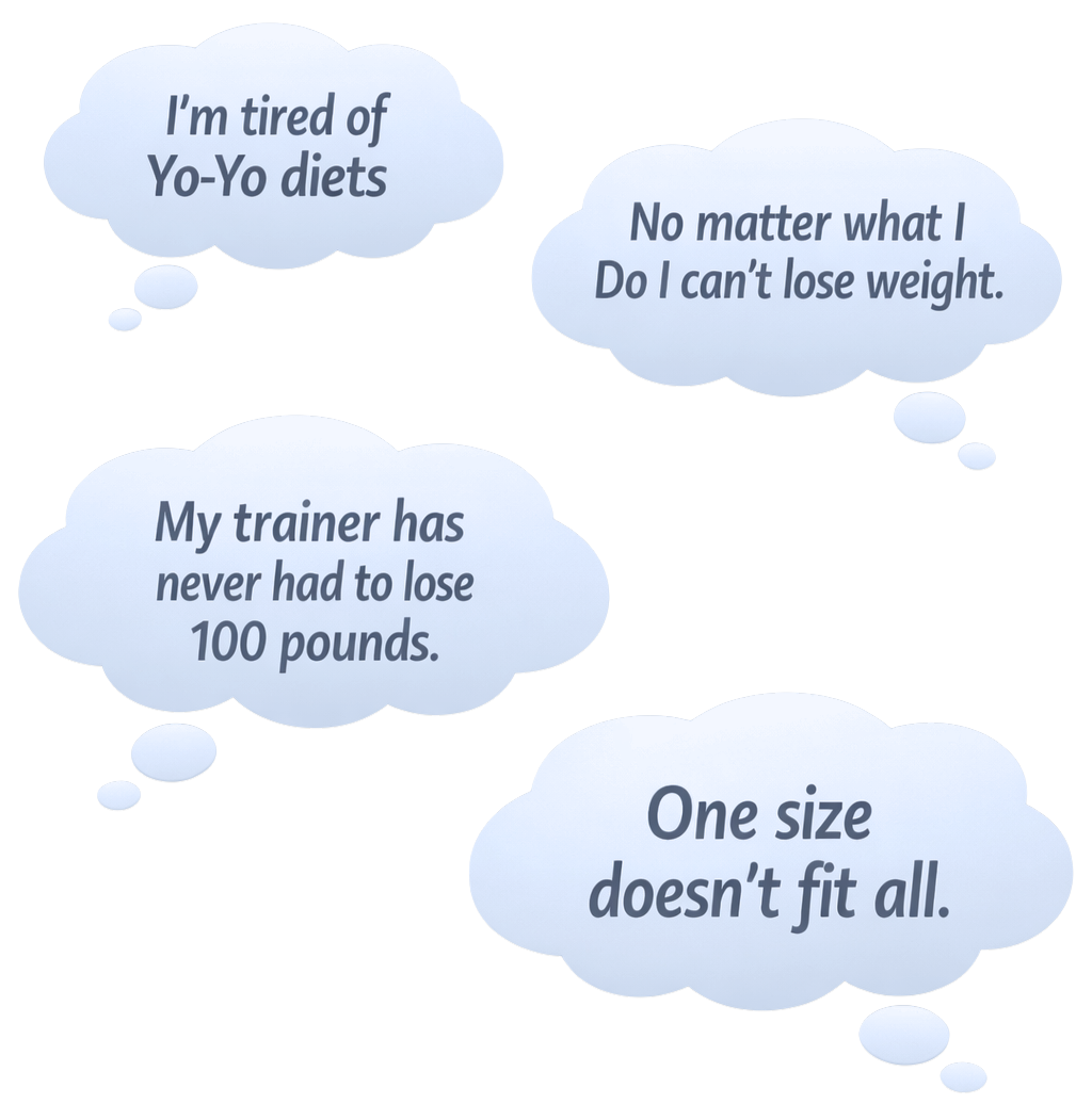 Four speech bubbles containing humorous quotes about dieting, weight loss, and clothing sizes.