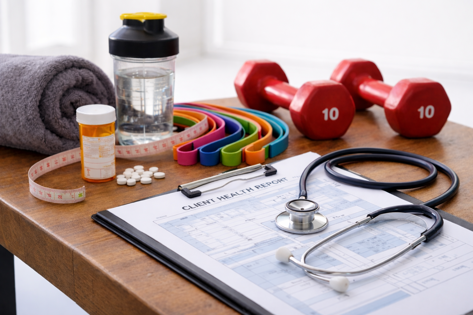 Medical and fitness items on a wooden table, including a client health report, stethoscope, red dumbbells marked 10, colorful resistance bands, a water bottle, pills, a pill bottle, a towel, and a measuring tape.