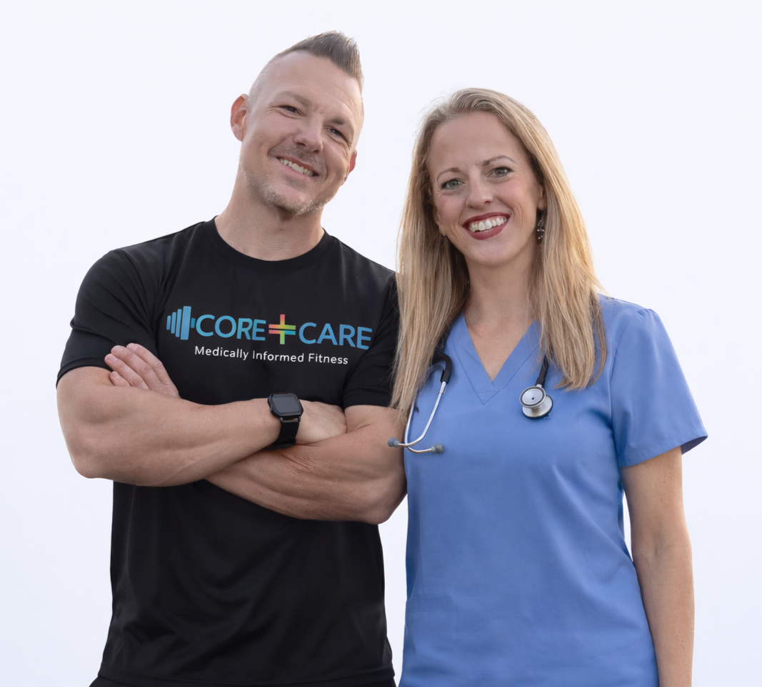 A smiling man in a black T-shirt with the logo 'Core+Care' and a woman in medical scrubs with a stethoscope around her neck standing together against a plain white background.