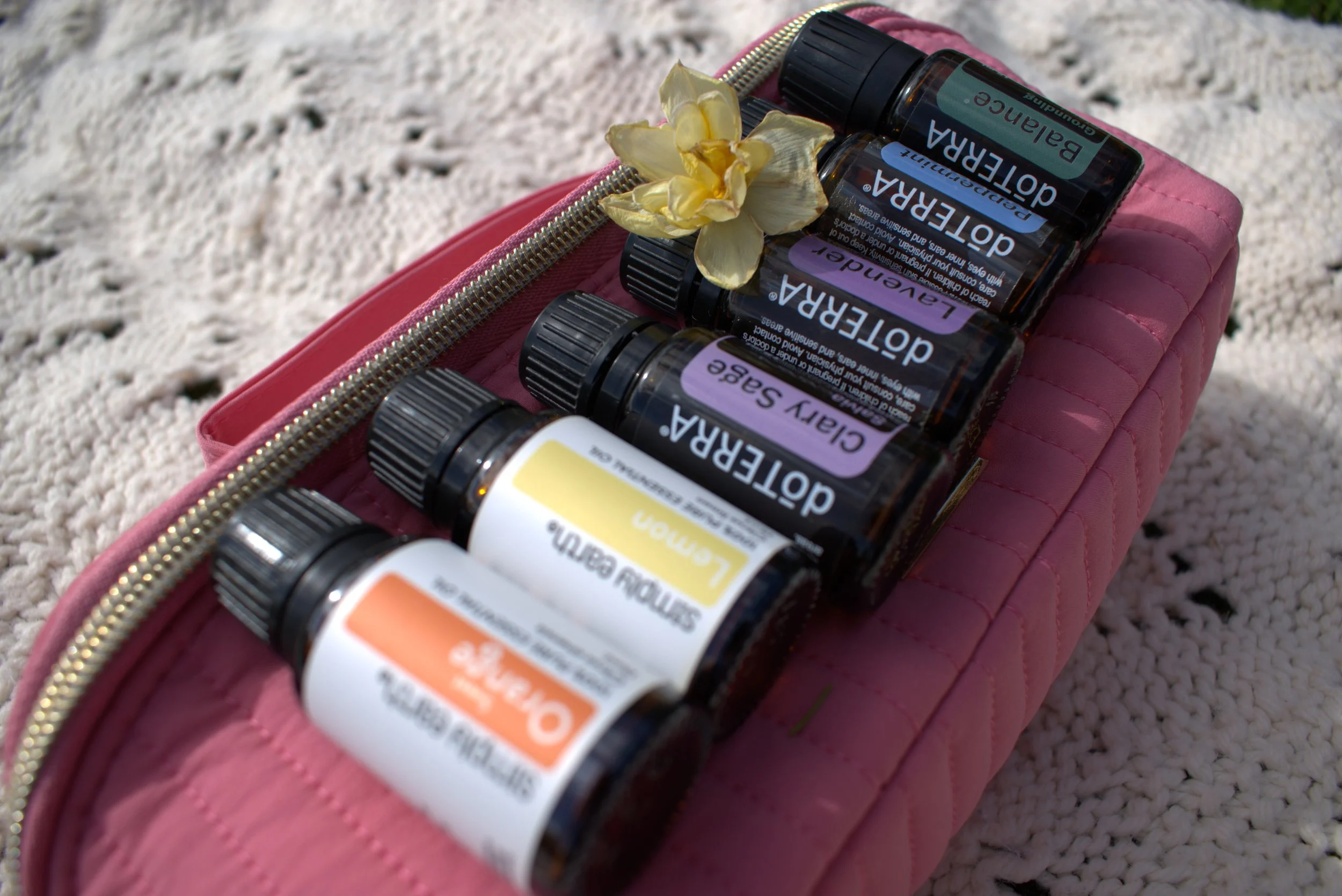 A pink zippered bag holding multiple small bottles of essential oils, including Lavender, Ylang Ylang, and Citrus, with a dried flower resting on top, placed on white textured surface.