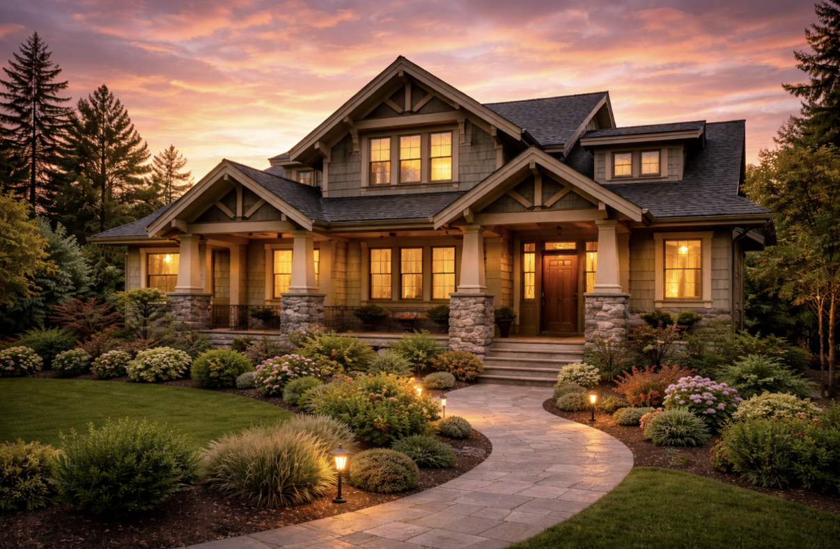 A large, elegant house with a front porch, surrounded by a well-maintained garden and trees, during sunset with a colorful sky.
