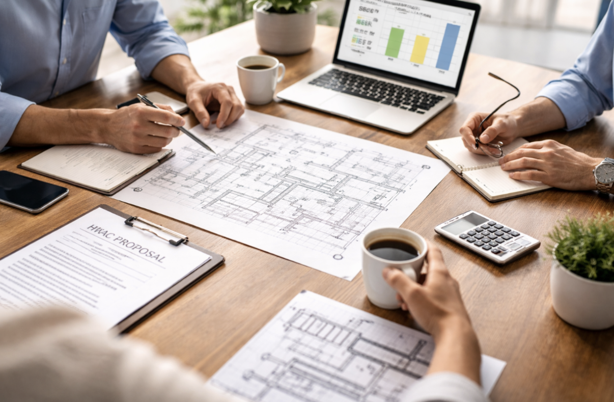 People discussing house plans at a table with blueprints, notebooks, coffee cups, a laptop showing charts, a calculator, and a clipboard with a proposal.