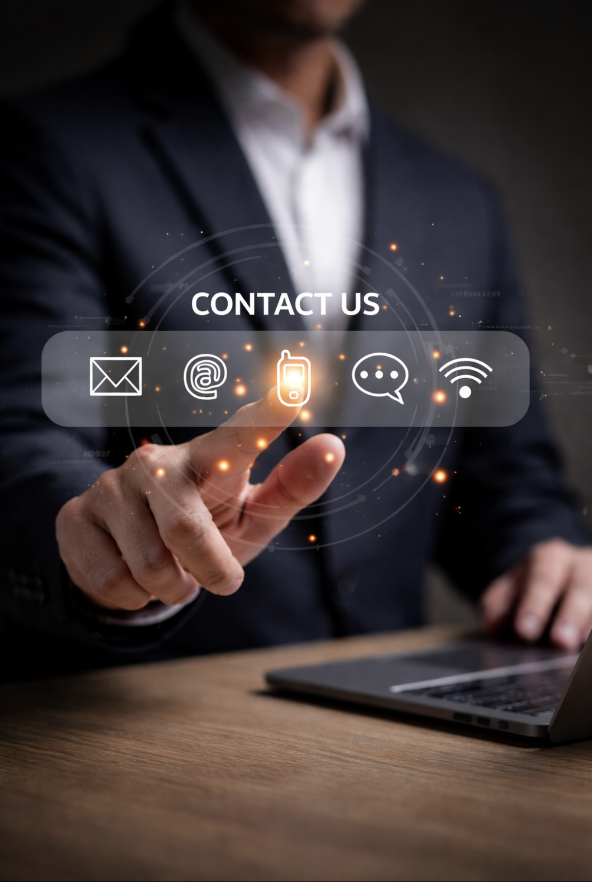 Business person in suit interacting with a digital contact us interface displaying email, phone, chat, and Wi-Fi icons.
