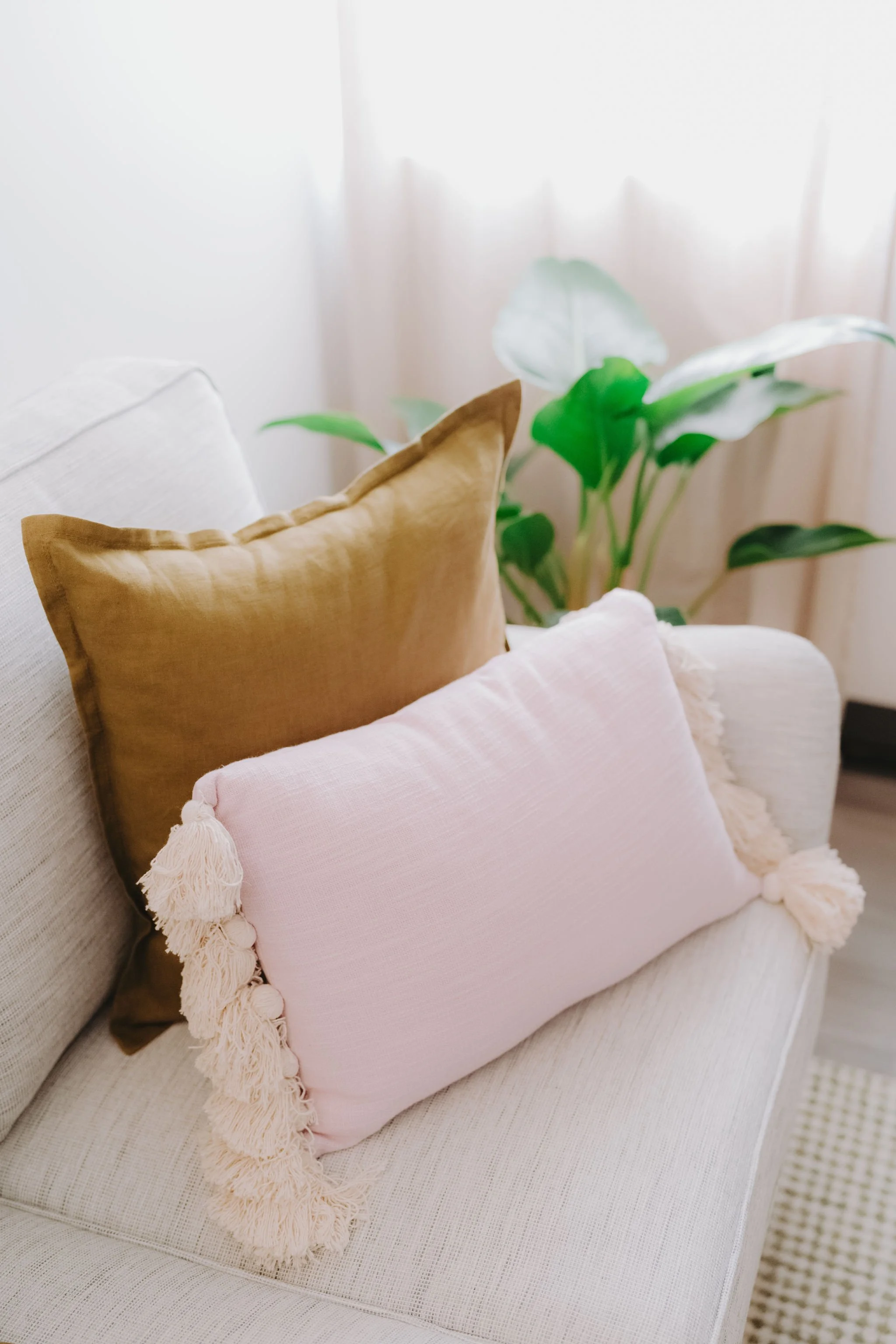 A beige sofa with three decorative pillows stacked on it, including a dusty pink pillow with tassels, a green pillow, with a large green leafy plant in the background.