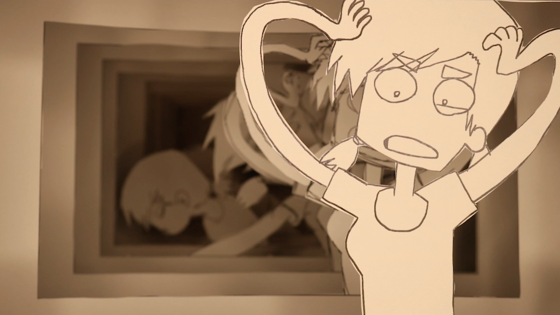 A paper cutout of a cartoon character with a surprised or distressed expression, standing in front of a layered paper art background with similar characters.