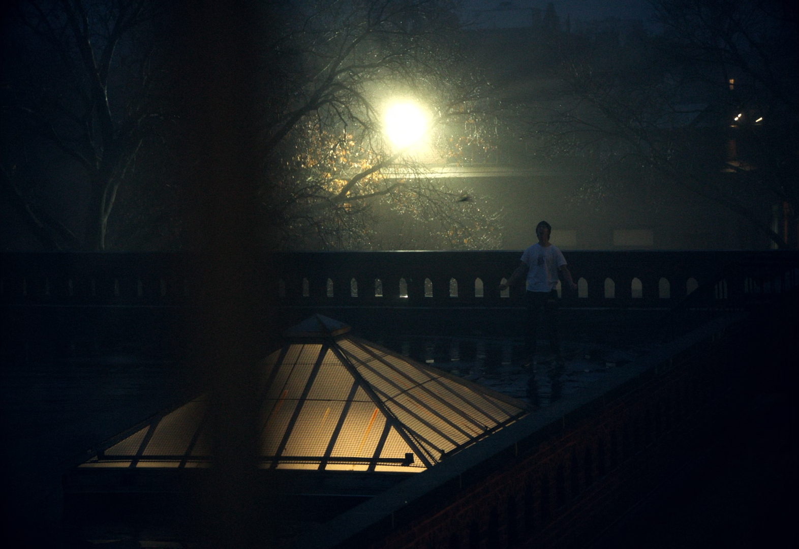 A person standing on a roof top at night, with a large bright light in the background and a glass structure on a building in the foreground.