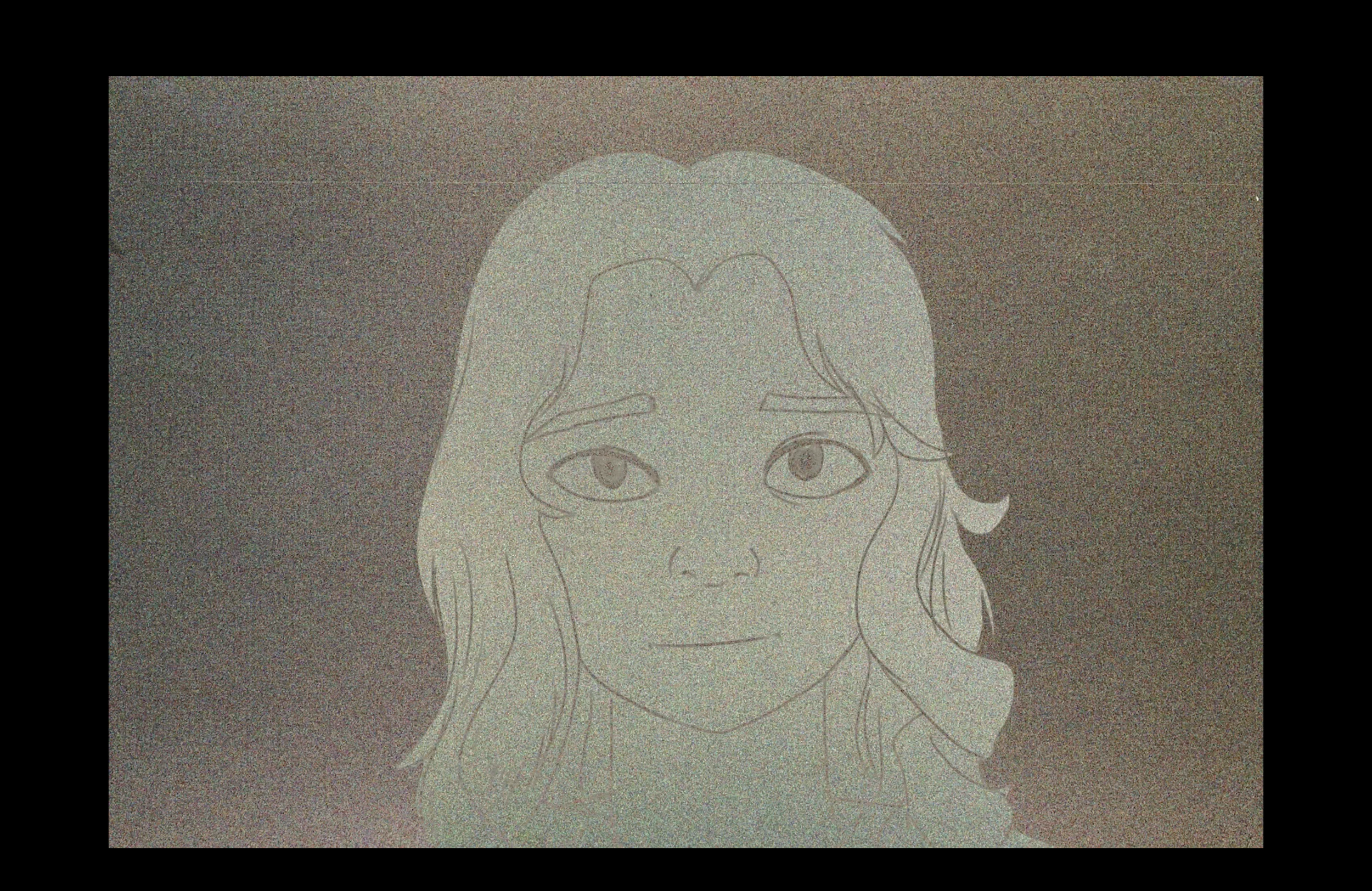 Line drawing of a girl's face with wavy hair, large eyes, and a small smile on a dark background.