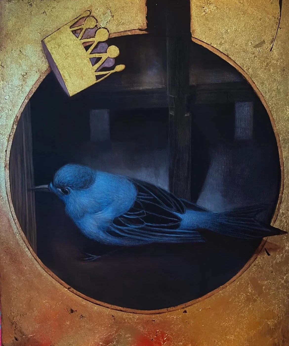 BLUE BIRD (2025) 20" x 24" OIL, GOLD AND METAL LEAF ON LINEN