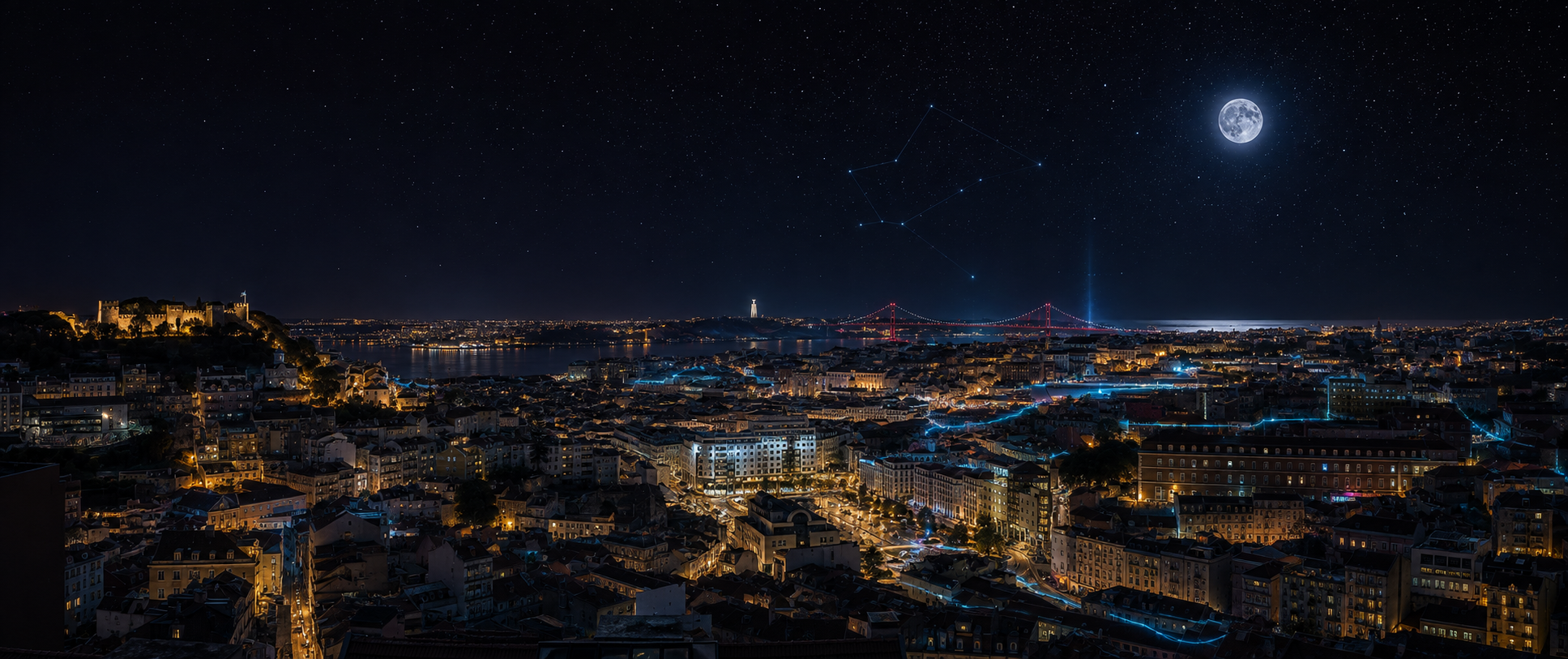 Lisbon at night, the setting of Of Wards and Wi-Fi and the hidden magic of the Ruined Realms.