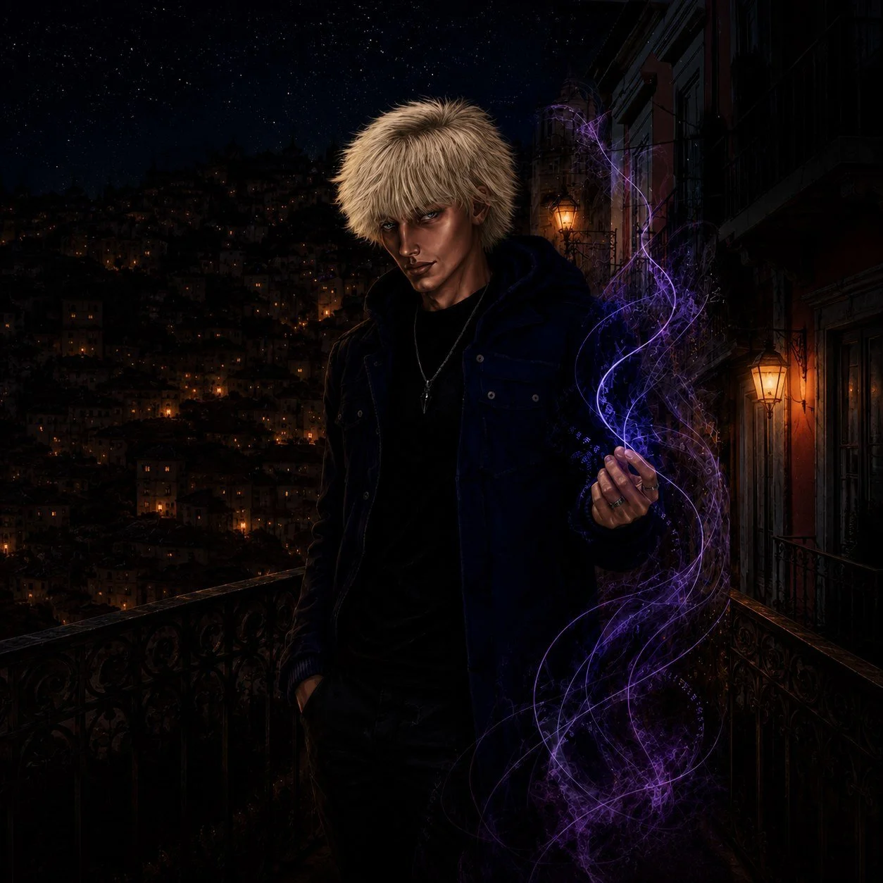 Bast, a blond Vampire surrounded by violet magic on a Lisbon balcony.