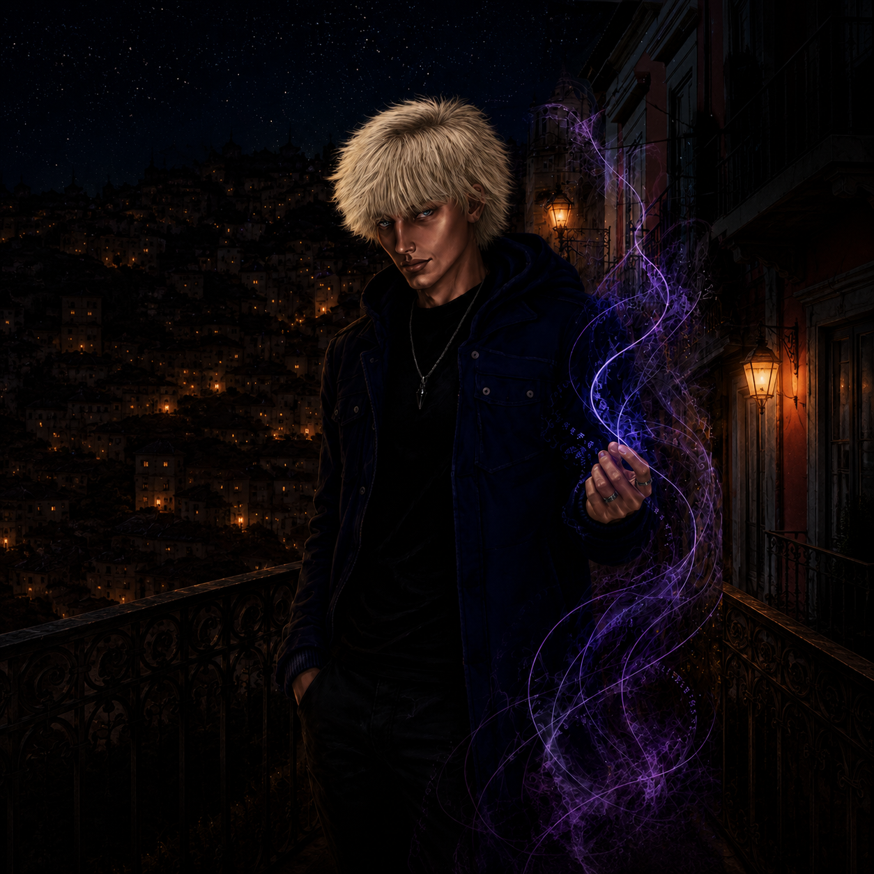Bast, a blond Vampire surrounded by violet magic on a Lisbon balcony.