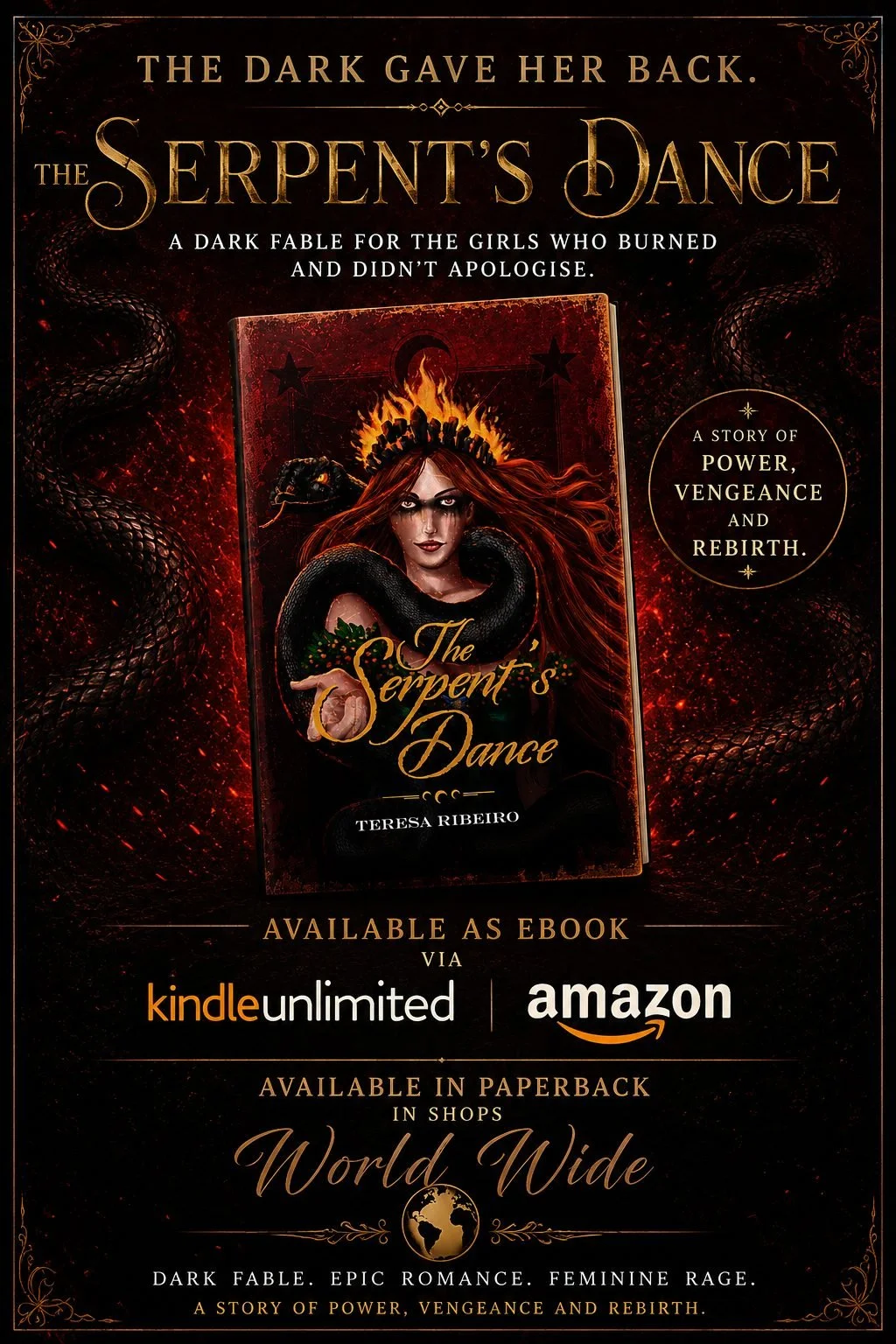 Promotional poster for The Serpent’s Dance, a dark fable by Teresa Ribeiro.