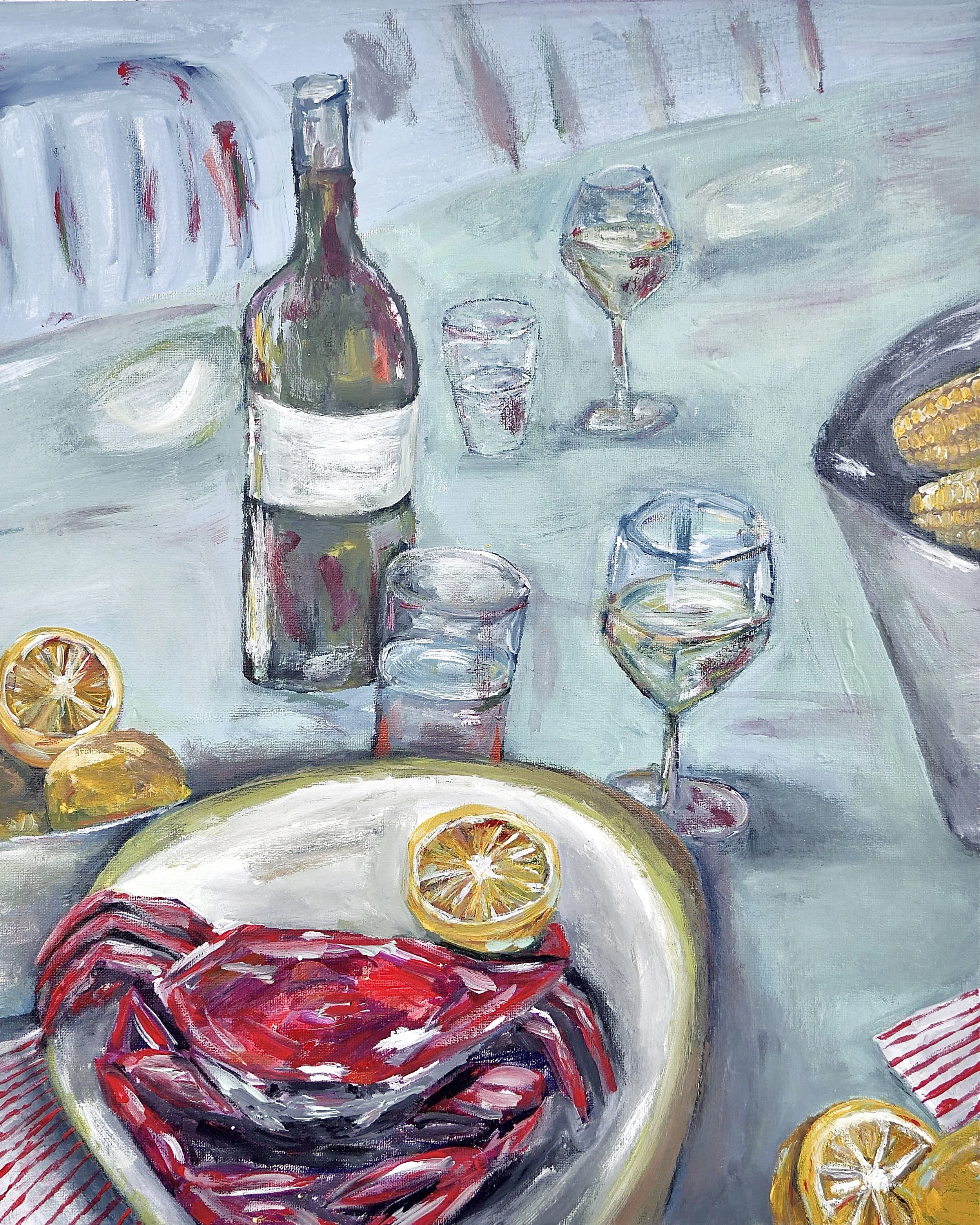 A painting of a table set with a bottle of wine, wine glasses, water glasses, a cooked lobster with lemon slices, and a tray of grilled corn, all depicted in an impressionist style with brushstrokes and vibrant colors.