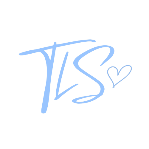 Lettering 'TAS' in light blue with a heart symbol on a black background.
