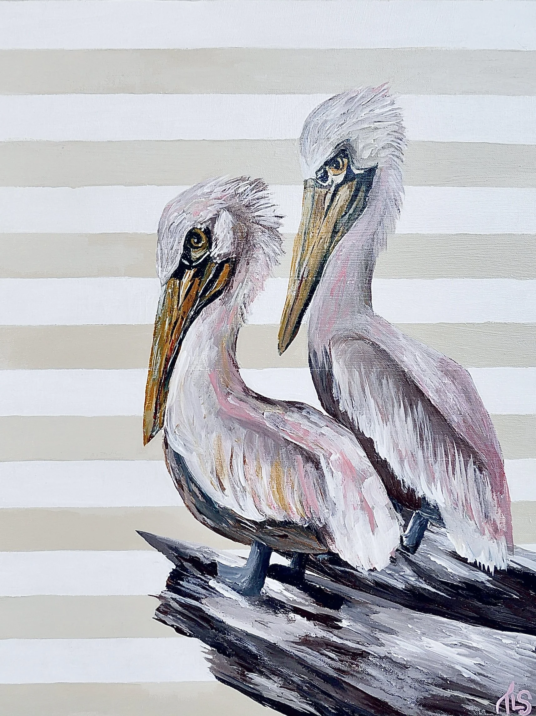 Painting of two pelicans perched on a weathered wooden dock against a background of horizontal beige and white stripes.