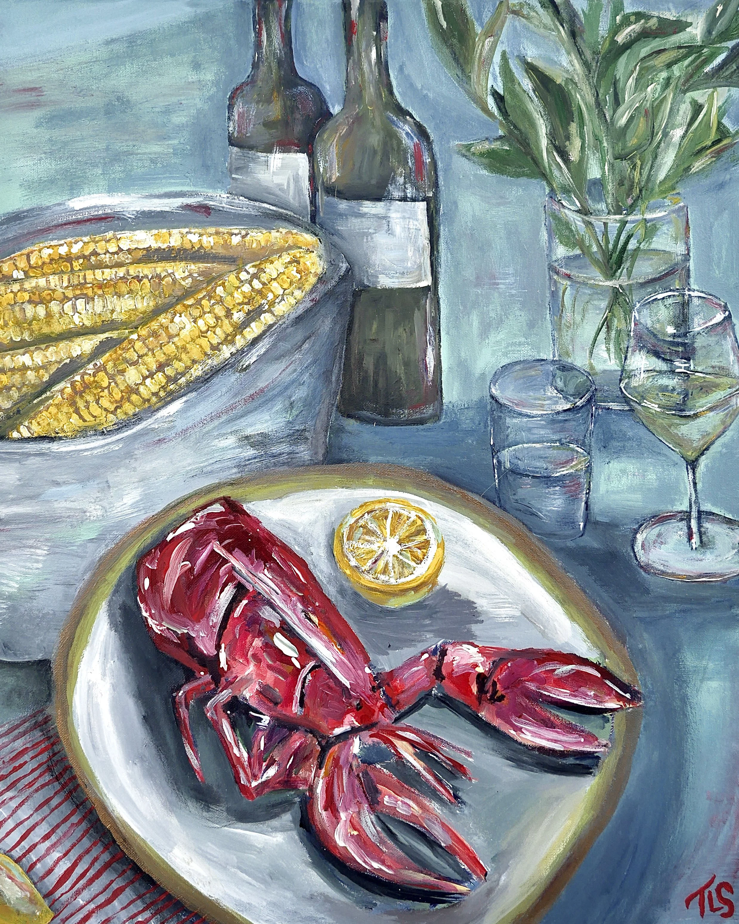 A still life painting featuring a plate with a cooked lobster, lemon wedge, two bottles, an empty glass, a wine glass with white wine, and a vase with green leaves on a table.