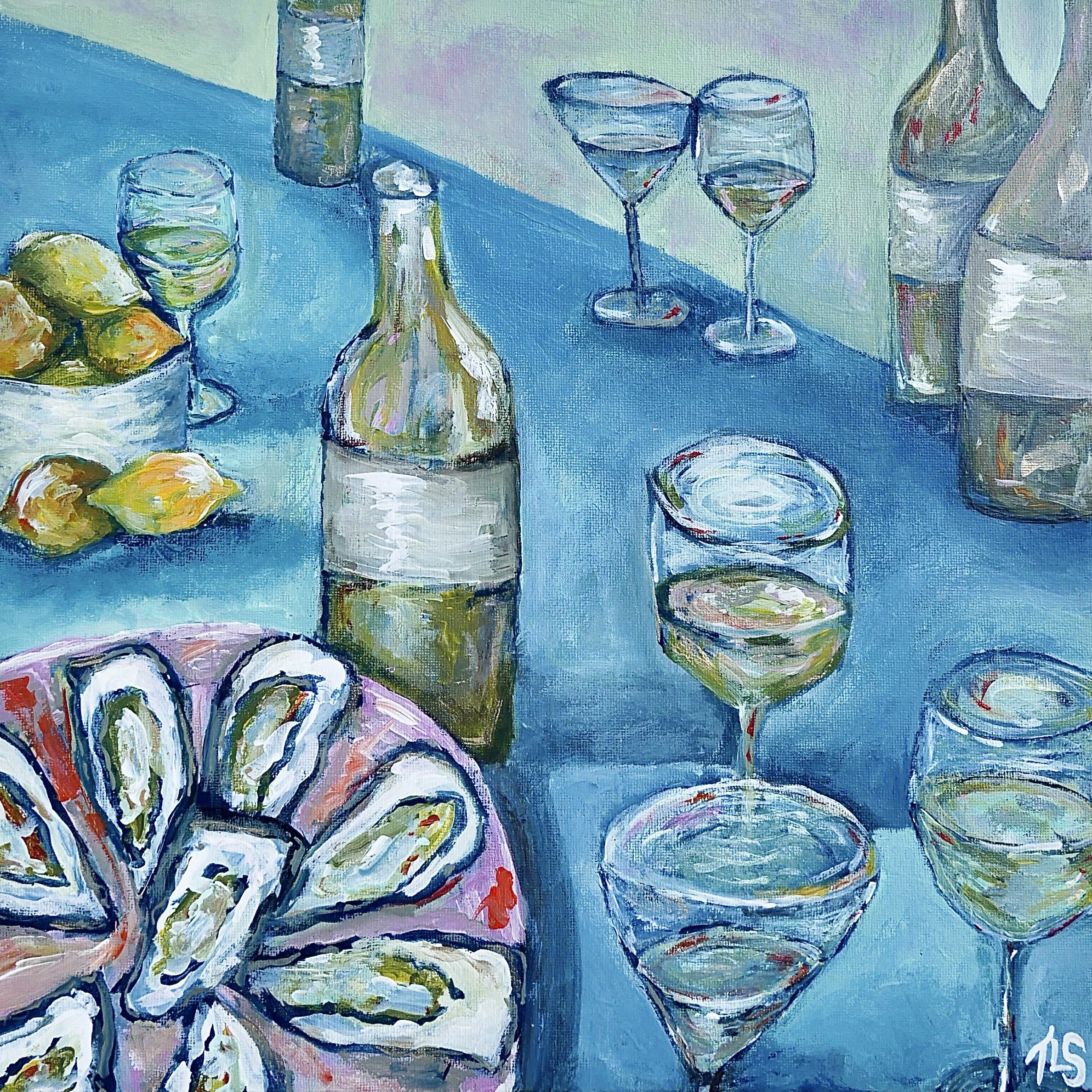 A colorful painting of a table set with bottles of wine, filled wine glasses, lemons in a bowl, and a sliced fruit, possibly a melon or lychee, on a pink plate. The background is a greenish wall, and the surface of the table is a vibrant blue.