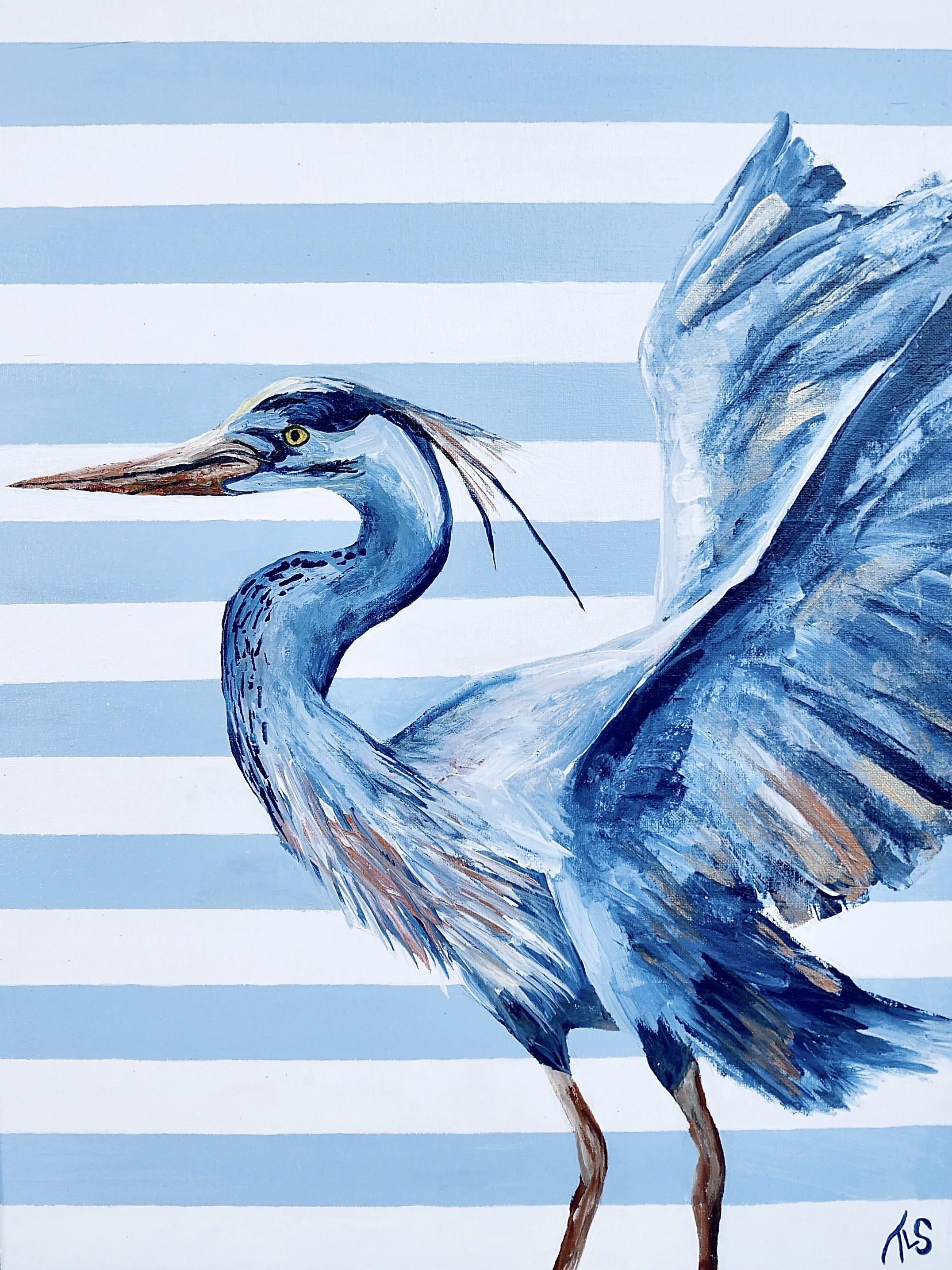 A painted depiction of a blue heron with a striped background.