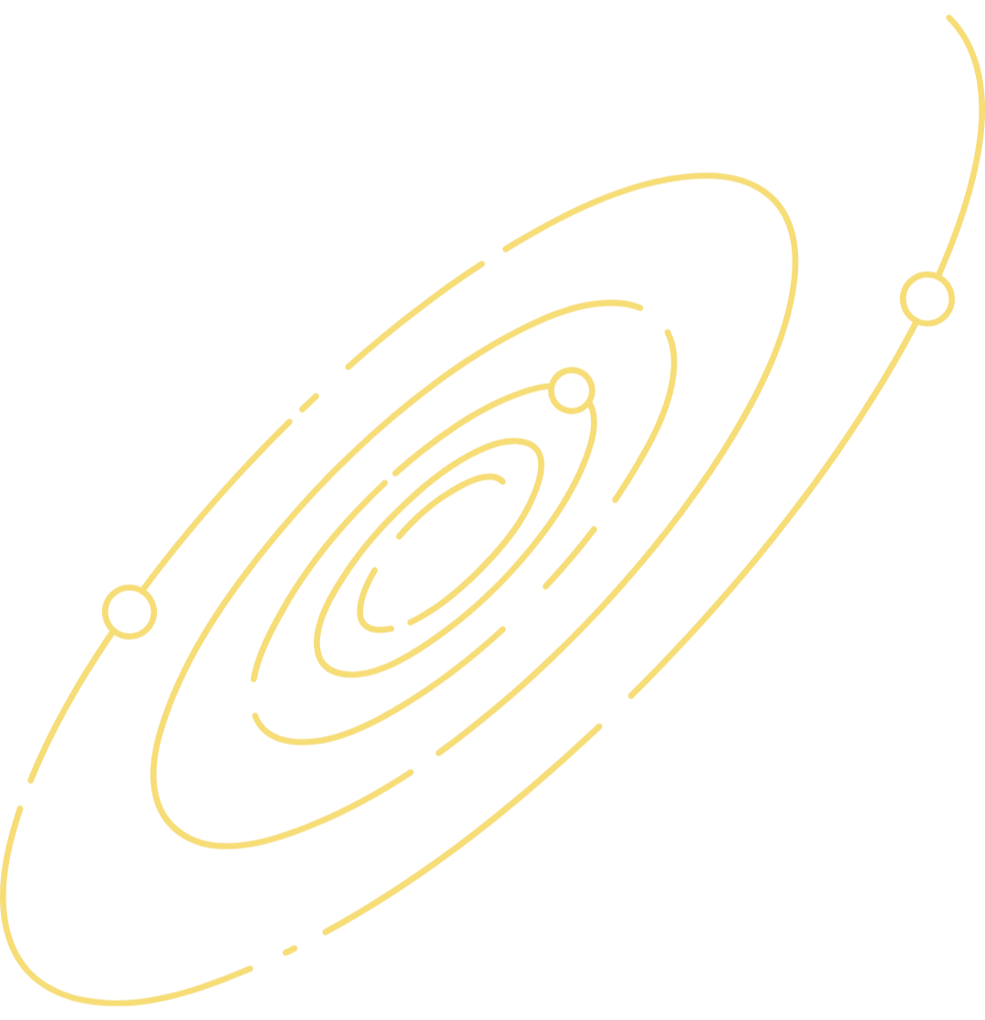 Solar system logo: a yellow spiral with small circles on it representing the solar system in front of a dark blue background