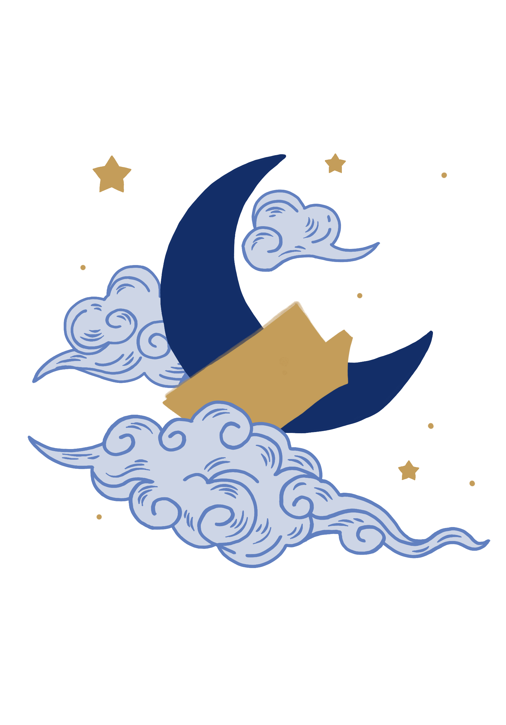 moonlight reads logo: a dark blue crescent moon with light blue swirling clouds around it. In front of the moon but behind the clouds is a gold book. There are small gold stars scattered across the light blue background