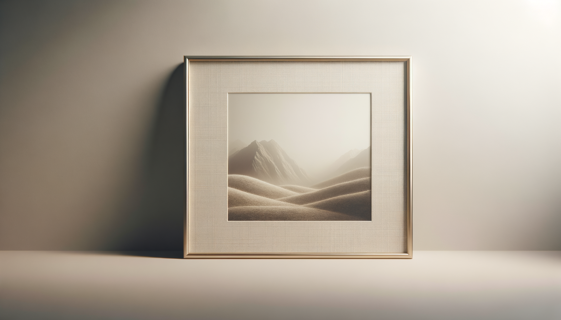 Framed monochrome photograph of mountainous landscape with rolling hills and distant peaks, set against a neutral beige wall.