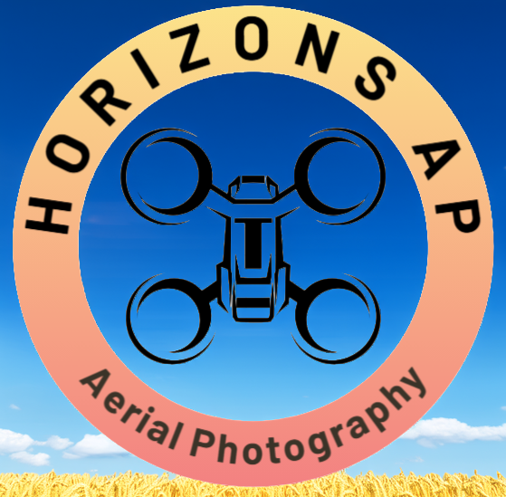 Logo for Horizon's Aerial Photography featuring a black drone illustration inside a circular gradient border, with the text 'HORIZON'S Aerial Photography' around the drone, set against a blue sky with clouds and a field at the bottom.