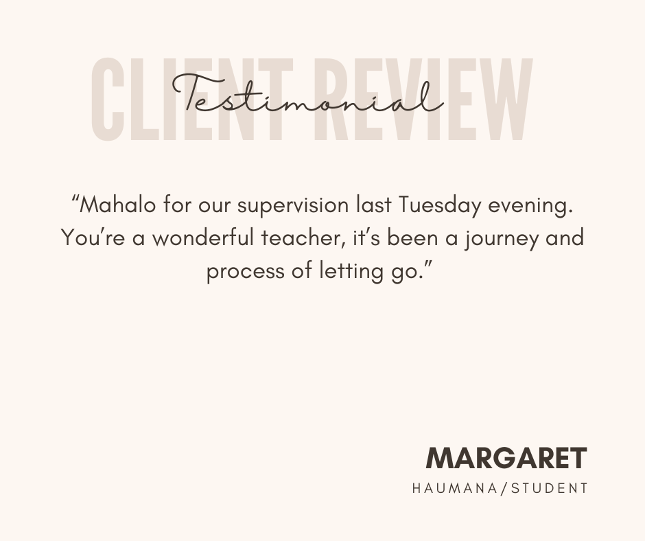 Client review testimonial with a quote praising a teacher, signed by Margaret, a Haumana student.