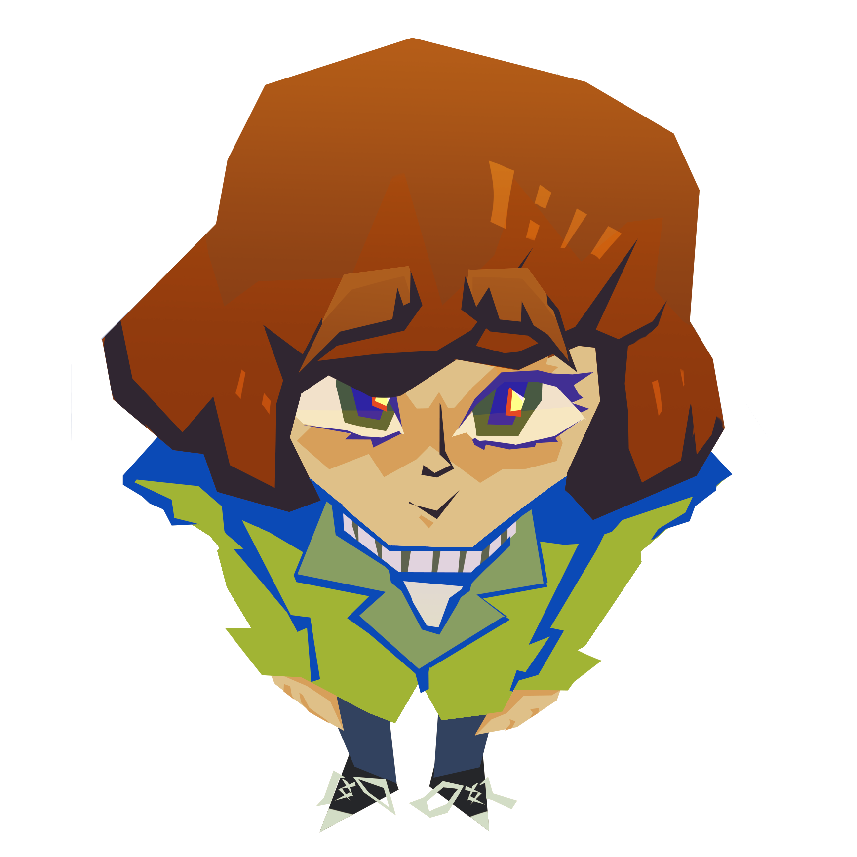 A cartoon character with large green eyes, brown hair, wearing a green jacket with blue accents and white shoes, shown from a top view leaning forward.