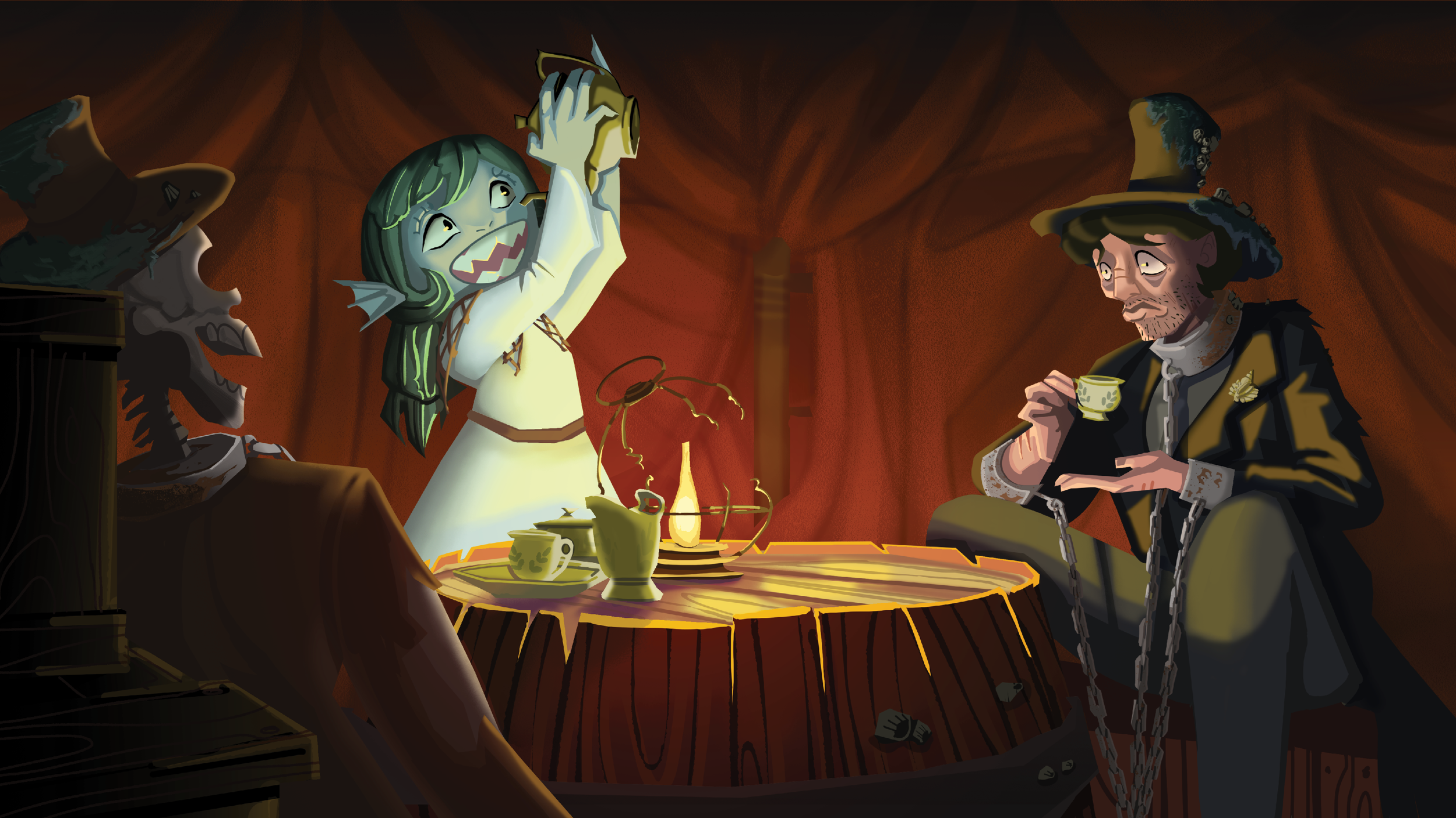 A animated scene of a girl with green hair and fins, dressed in a white robe, holding a fish and smiling, inside a dimly lit tent with red fabric walls. She is seated at a wooden table with a teapot and teacup. An older man in a witch's hat, black co