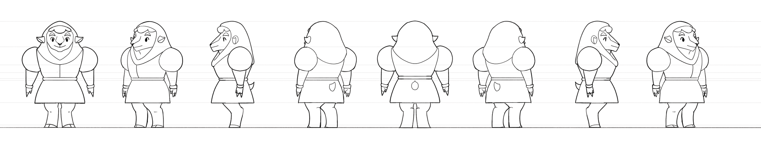 Line drawing of an animated female sheep character in various angles.