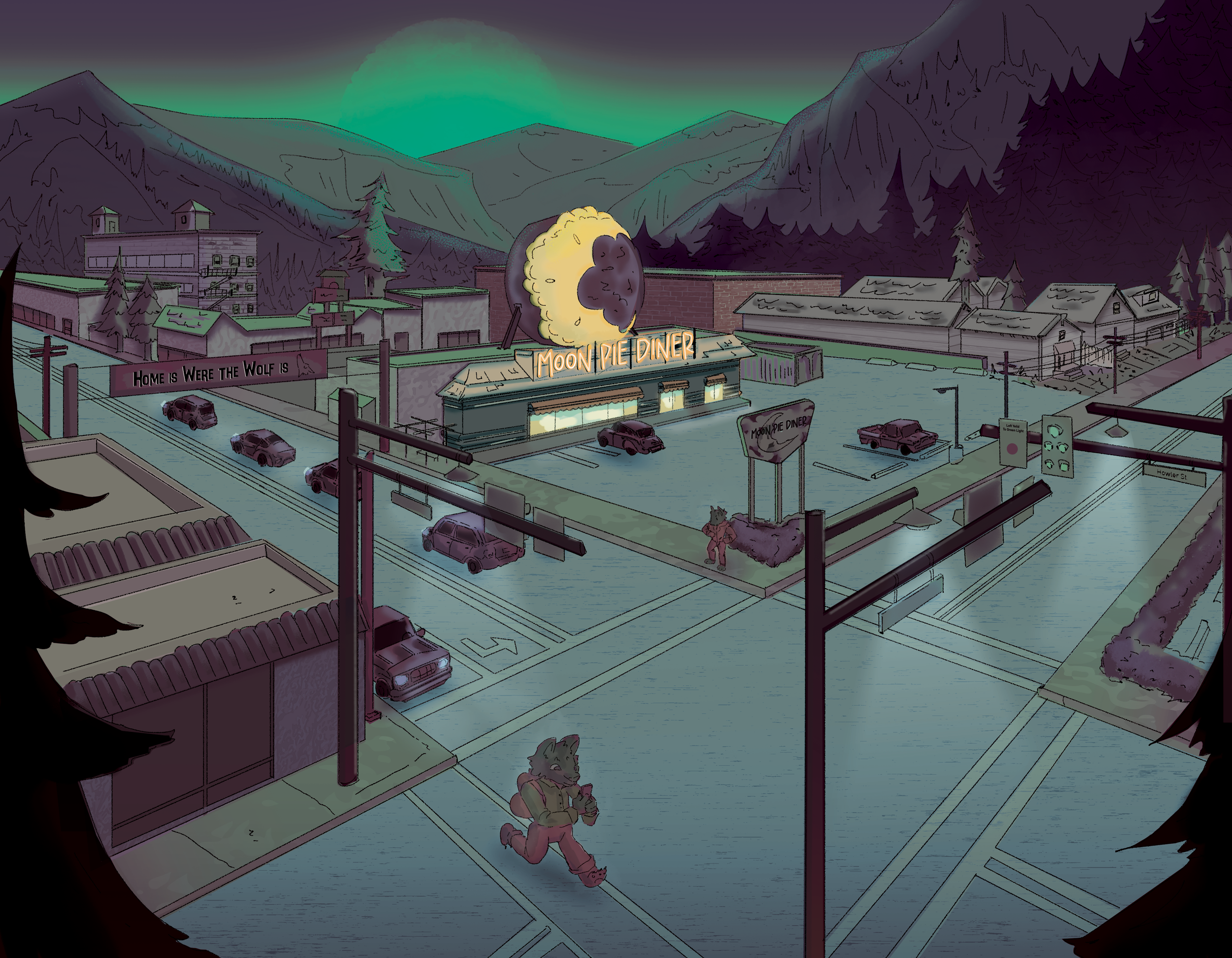 Nighttime view of a small town with mountains in the background. The focal point is Moon Pie Diner, a building with a large moon and pie sign on its roof. There are several parked cars and streetlights, with two anthropomorphic wolf characters visibl